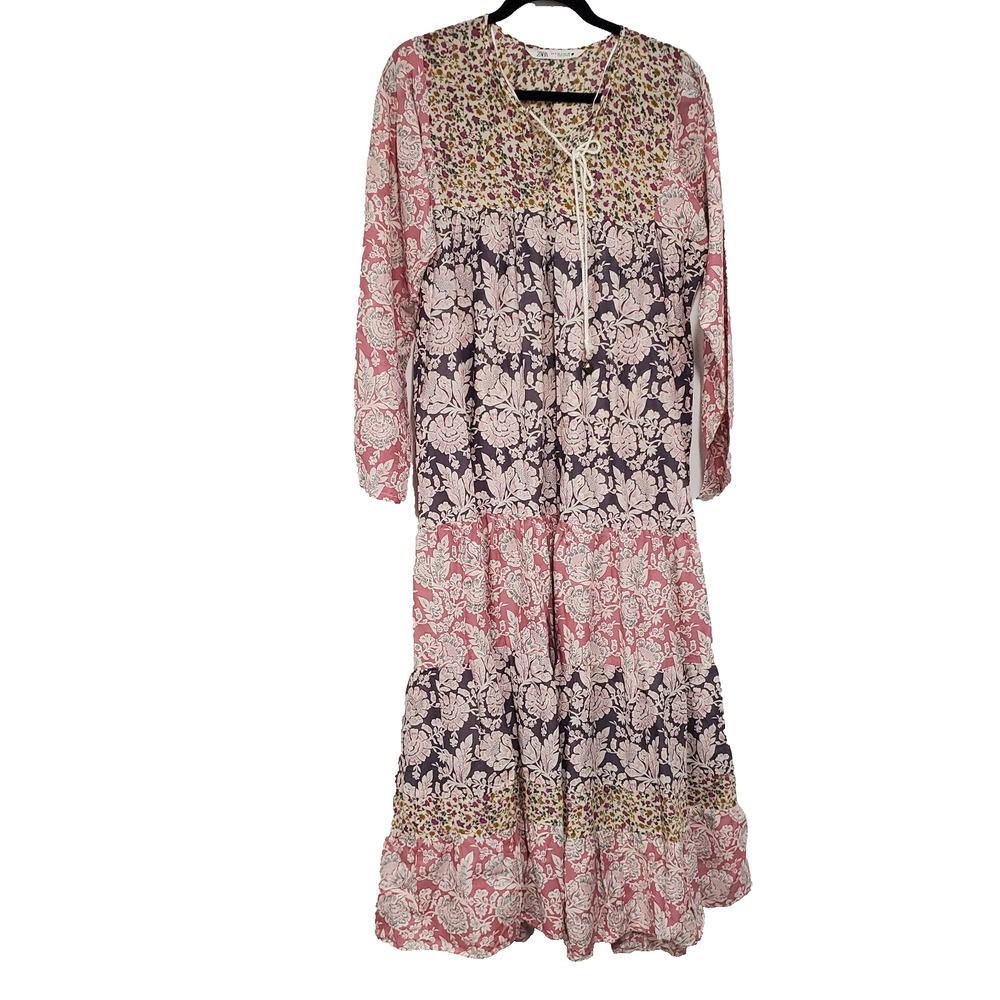 Zara Boho Peasant Maxi Dress Size S Pink Cottage Prairie Hippie Homestead Modest